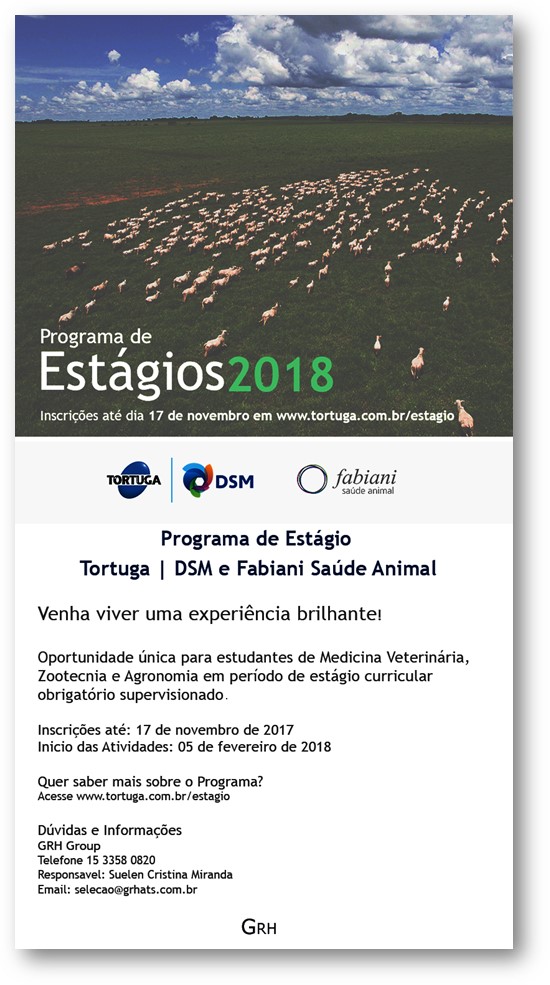 Programa de Estágio Tortuga  DSM e FABIANI Saúde Animal - Viva com a gente uma experiência brilhante!